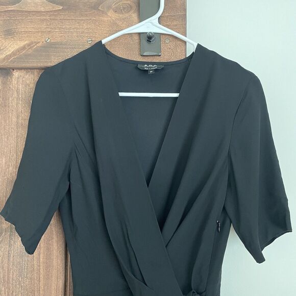 APC dress Womens 36 Black Mathilda Tie Crepe Viscose Vneck Pleats Classic - Picture 4 of 13